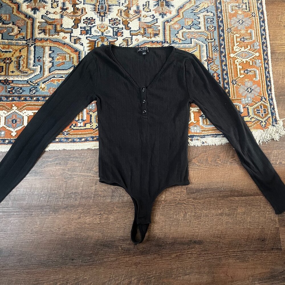 J. Crew Black Long Sleeve Pointelle Henley Cotton Bodysuit Small